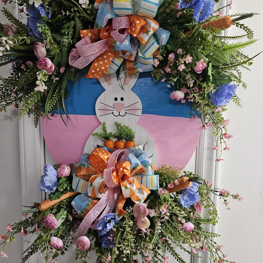 Spring Bunny Door Wreath with Pastel Flowers and Bows